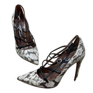 TABITHA SIMMONS Size 37.5 ( US 7.5) Snakeskin Pointed-Toe Strappy Pumps 4" Heels